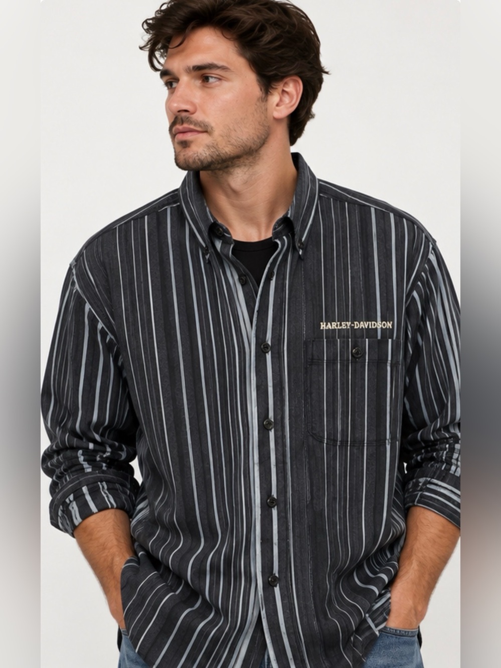 Harley-Davidson Black and Gray Striped Button-Down Shirt size XL